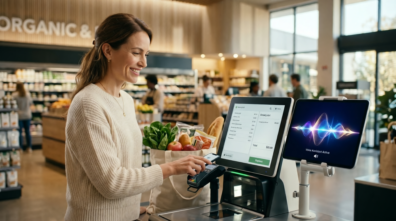 Asystent AI przy kasie samoobsługowej rozpoznający produkt i prowadzący dialog z klientem